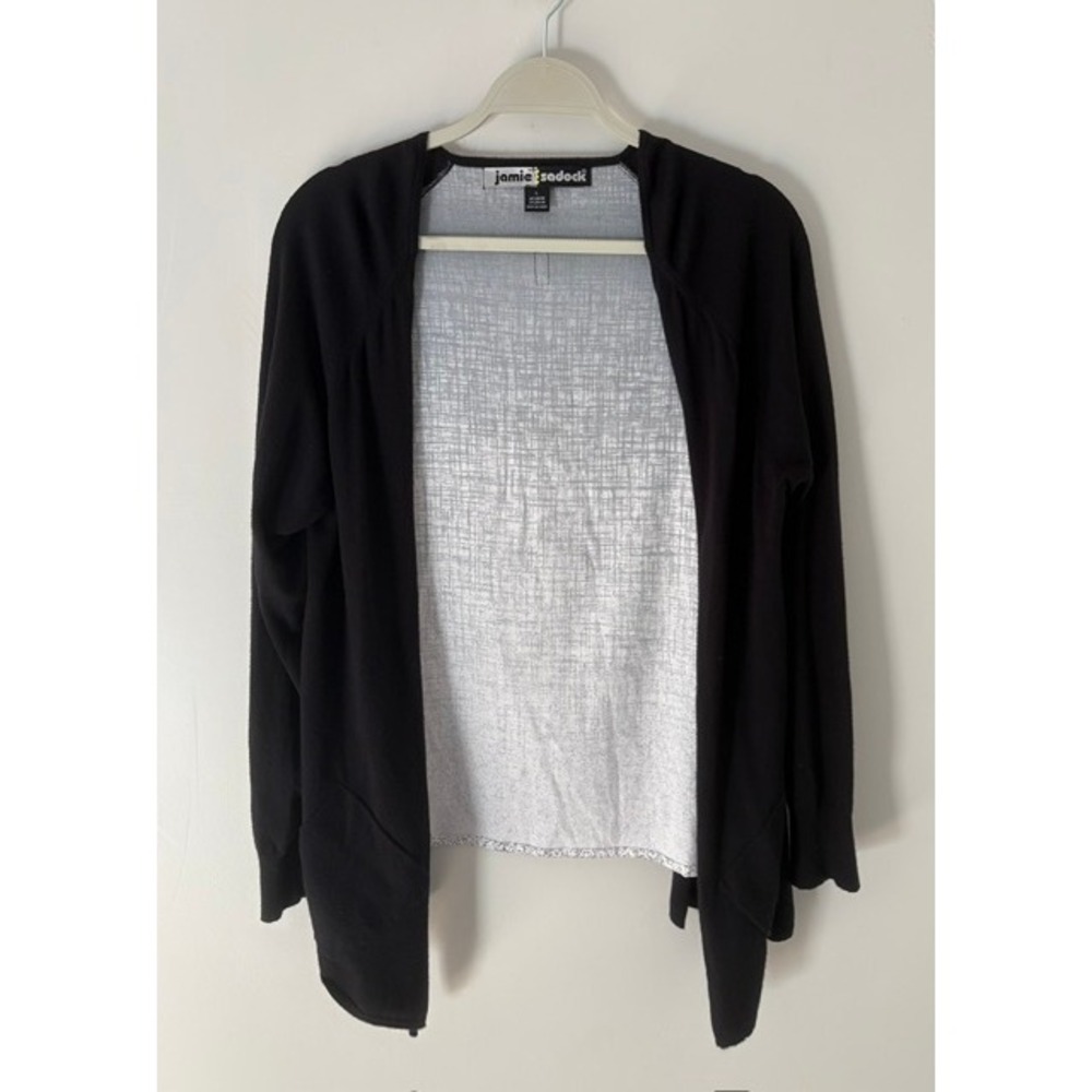 Jamie Sadock Womens Black Grey Crosshatch Print Open Front Cardigan Sweater L